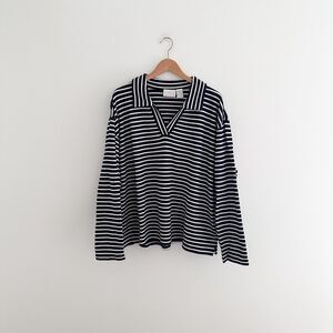 Vintage Elisabeth Navy Breton Stripe Cotton Sweater | Open V Collar | Size 2X